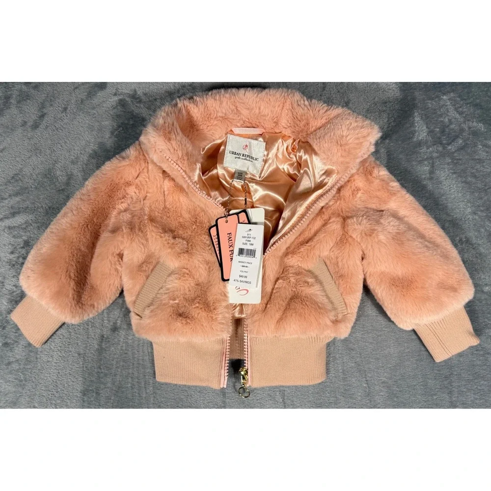 Urban Republic Girls Pink Faux Fur Bomber Jacket 18 Months New With Tags NWT
